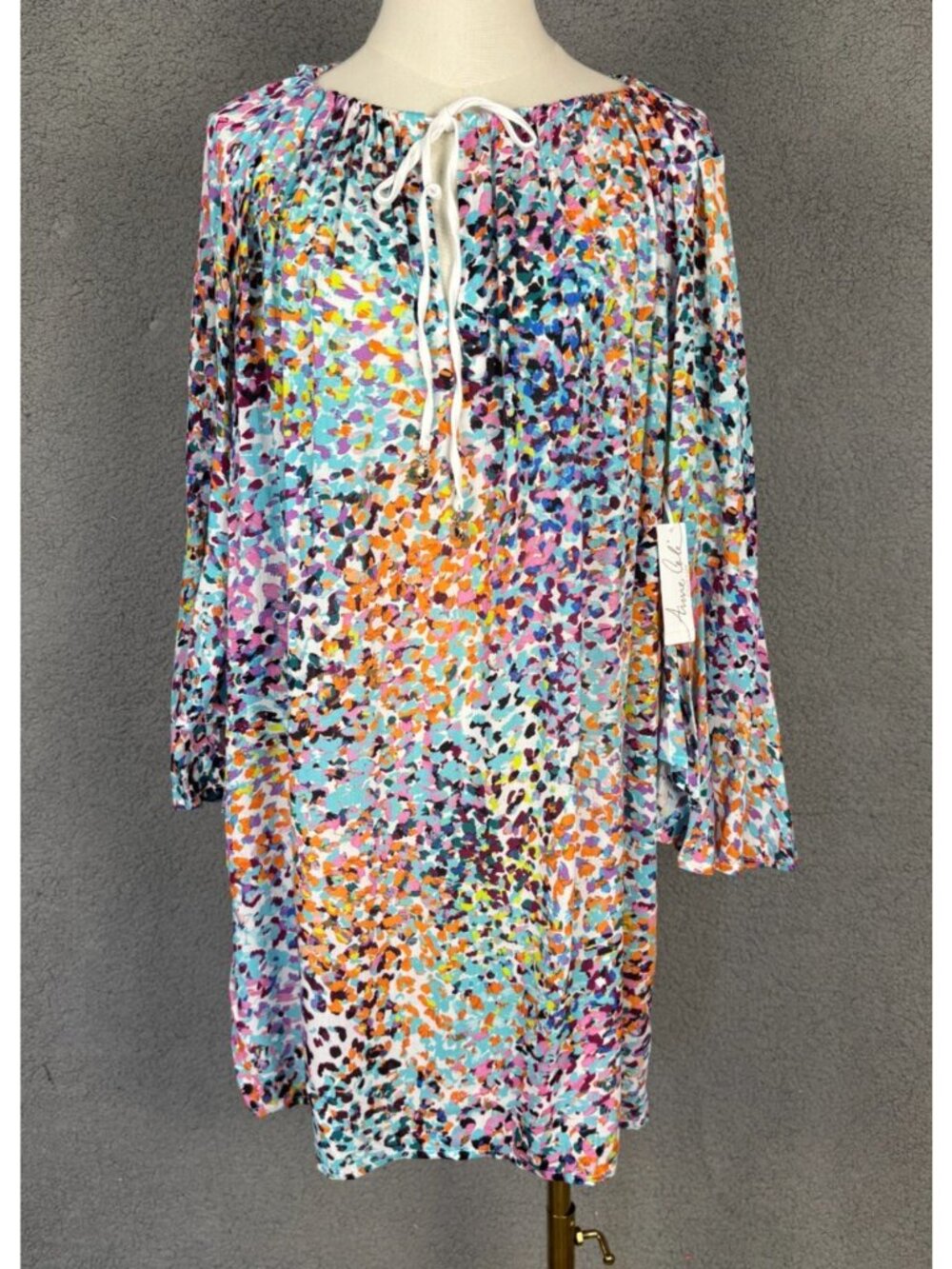 Anne Cole Women's Bell Sleeve Drawstring V Neck Cover Up Tunic  XS/S Multi NWTs.